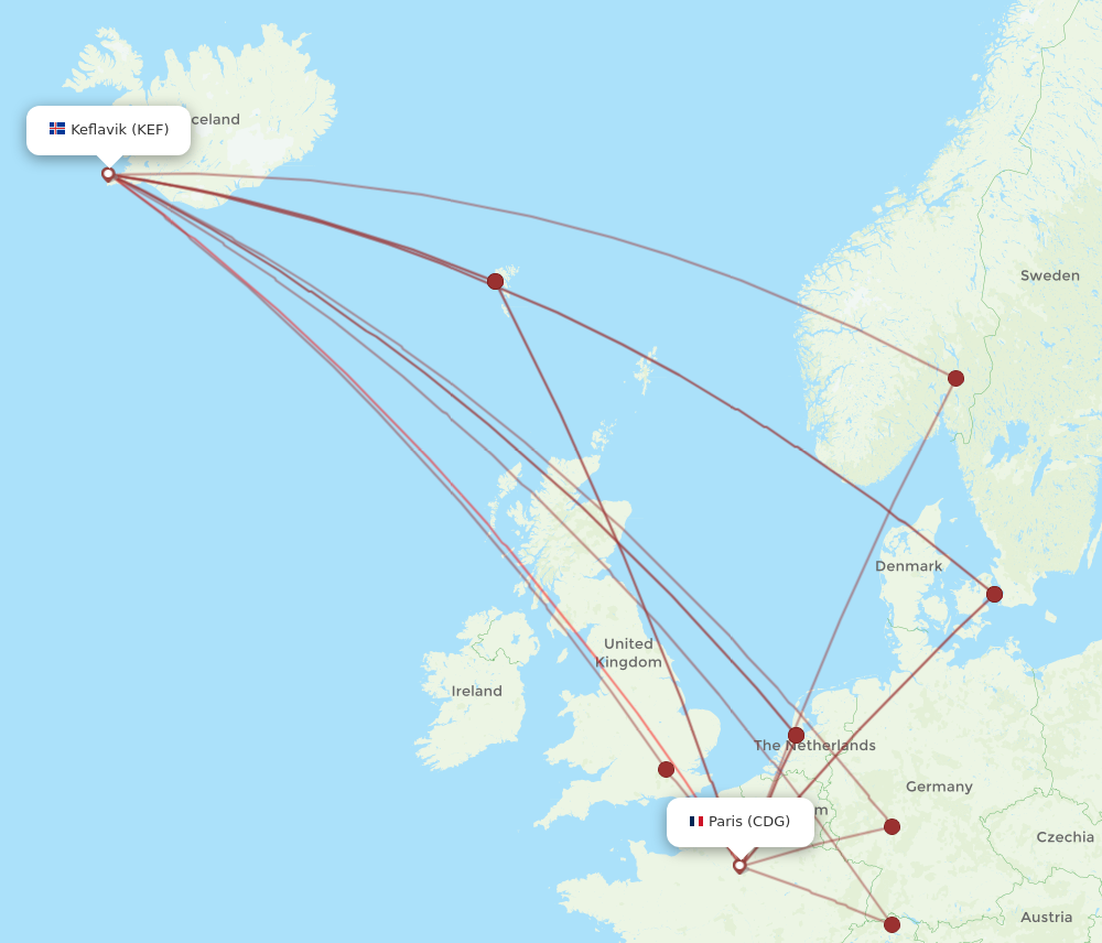 KEF to CDG flights and routes map