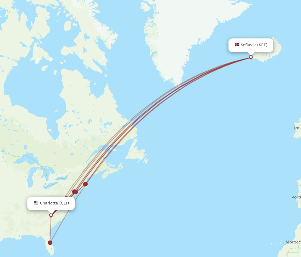 KEF to CLT flights and routes map