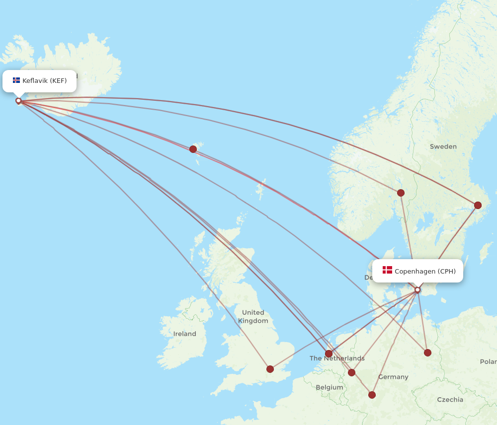 KEF to CPH flights and routes map