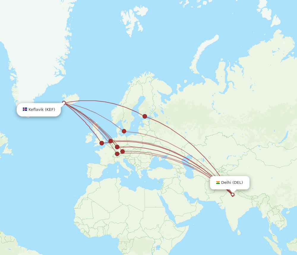 KEF-DEL flight routes