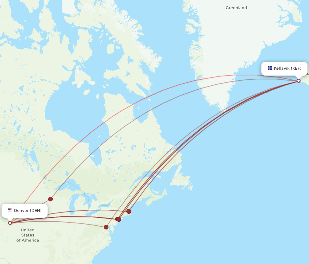 KEF to DEN flights and routes map