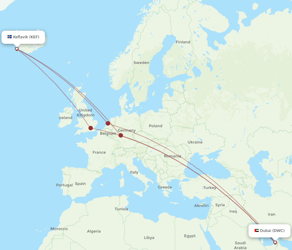 Reykjavik - Dubai route map and flight paths