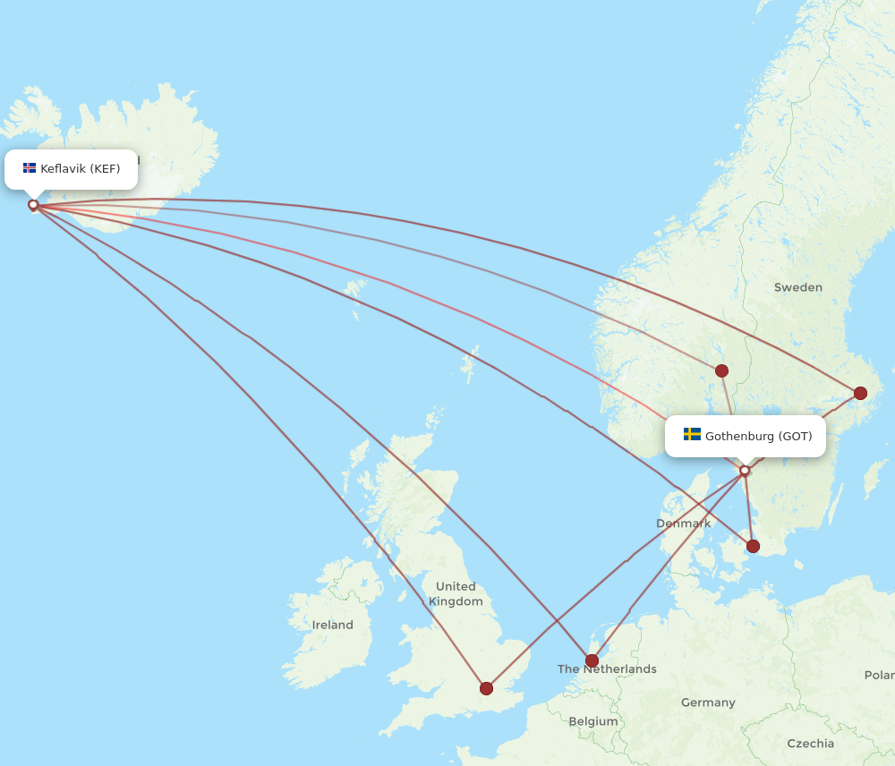 KEF to GOT flights and routes map