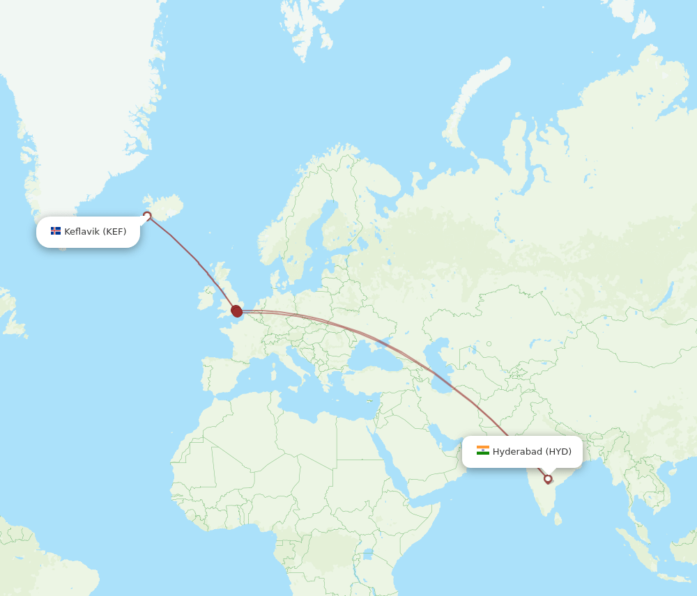 HYD to KEF flights and routes map