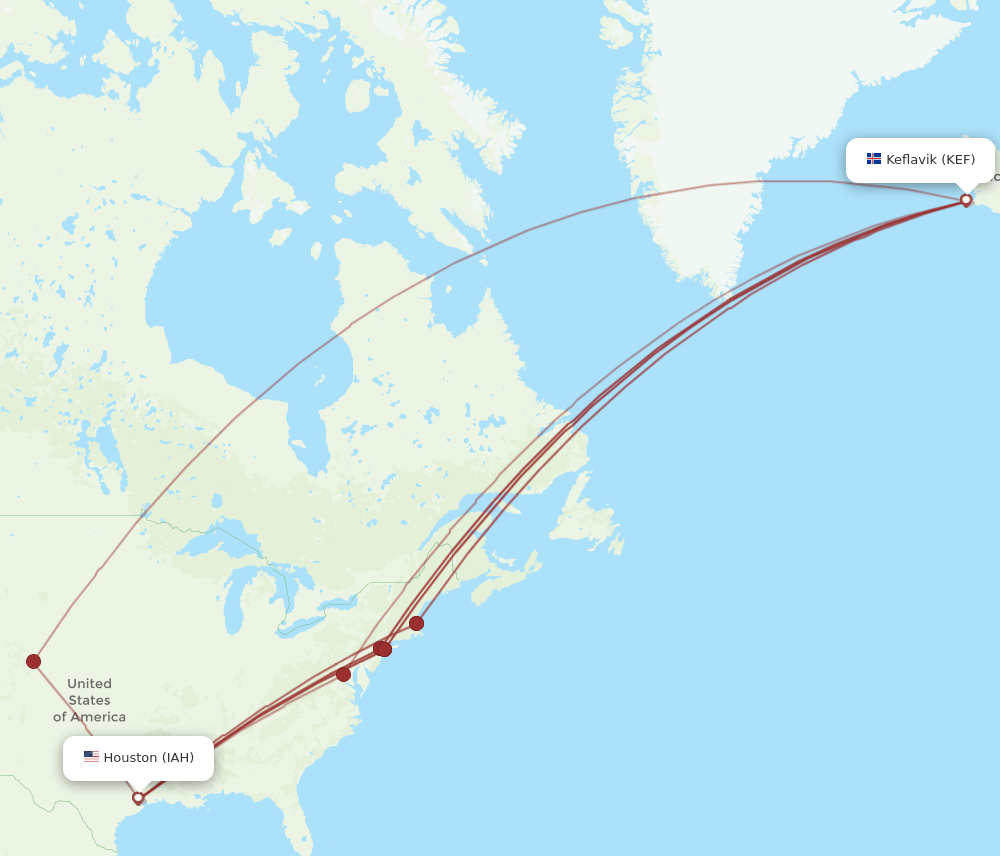 KEF-IAH flight routes