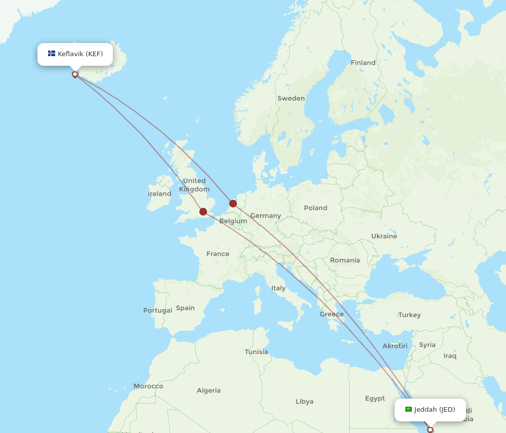 KEF-JED flight routes