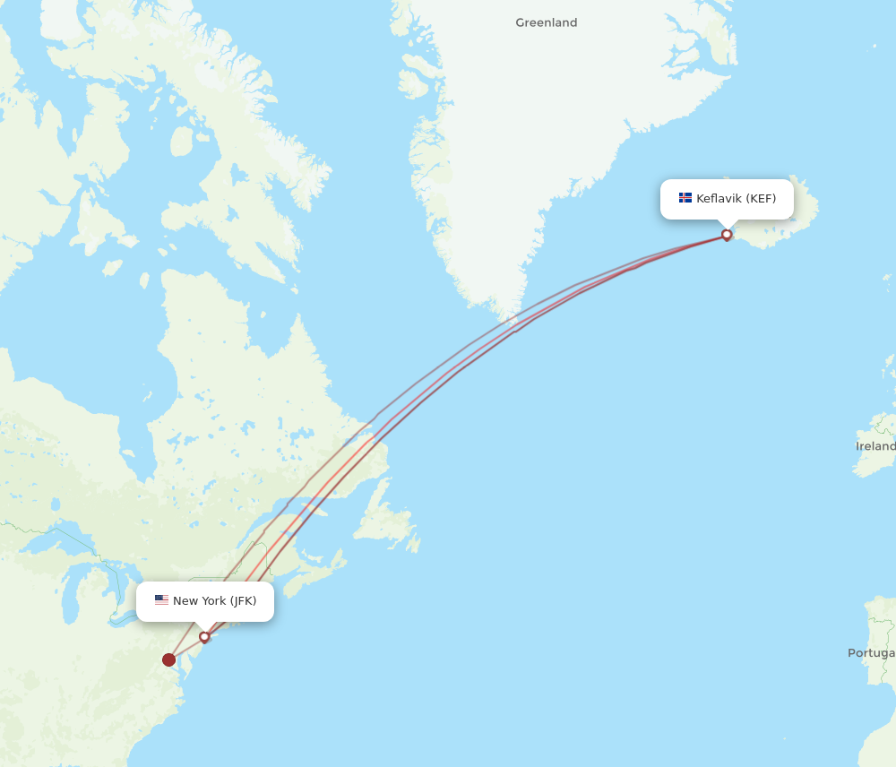 KEF to JFK flights and routes map