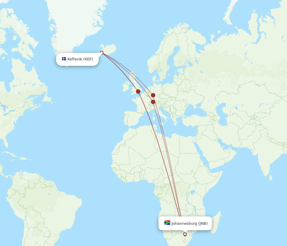 KEF-JNB flight routes