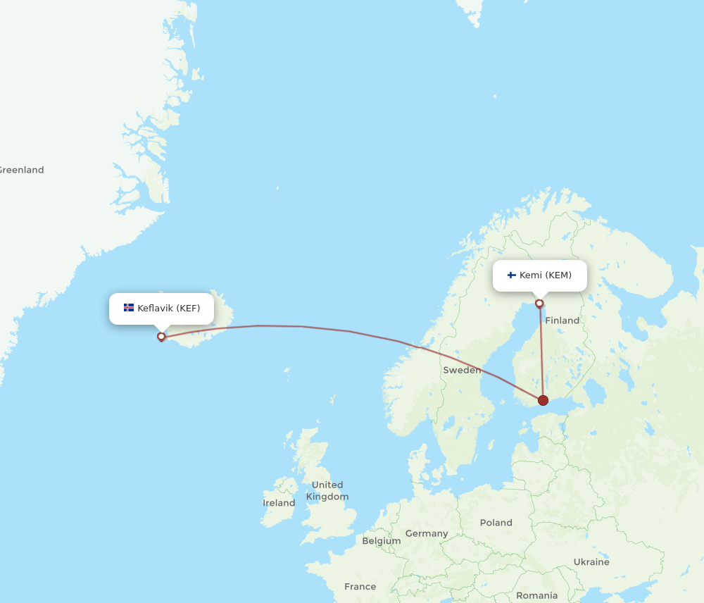 Kemi/Tornio - Reykjavik route map and flight paths