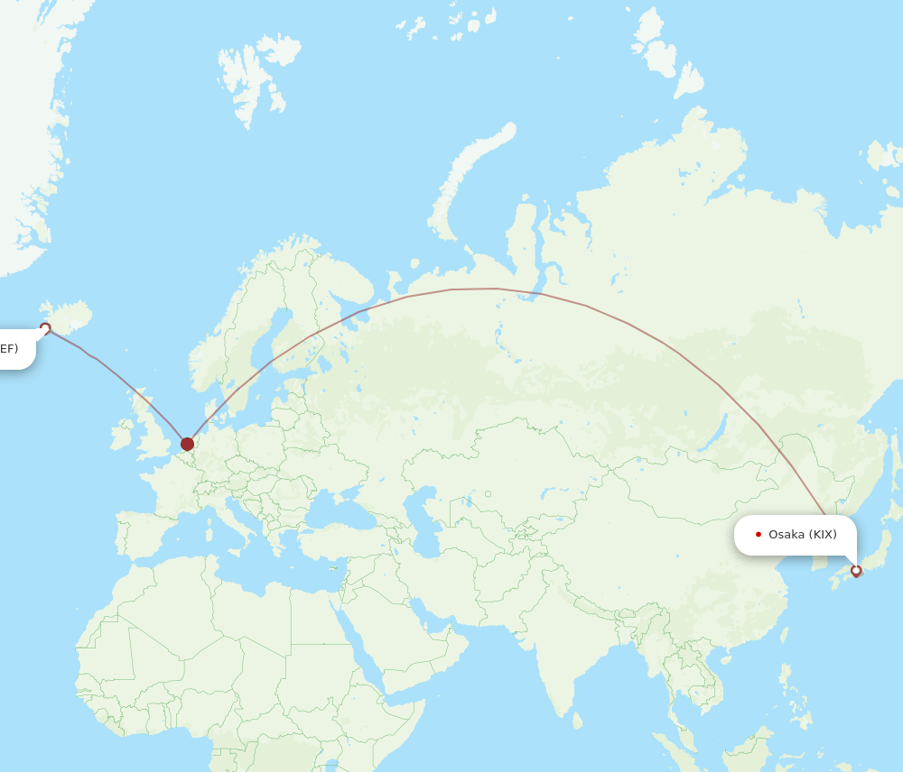 Osaka - Reykjavik route map and flight paths