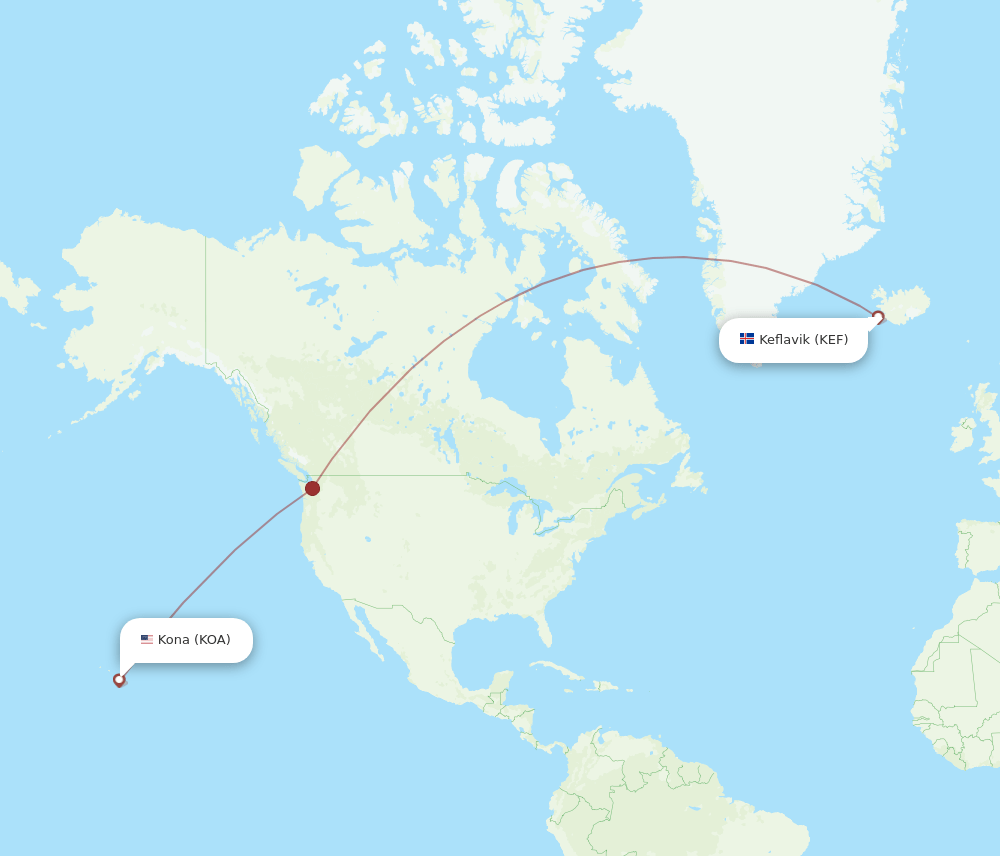 Kailua-Kona - Reykjavik route map and flight paths