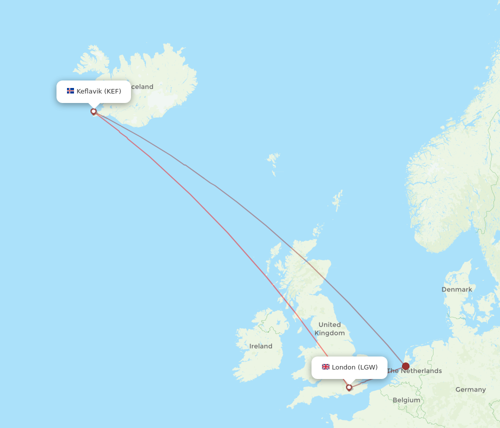 KEF to LGW flights and routes map