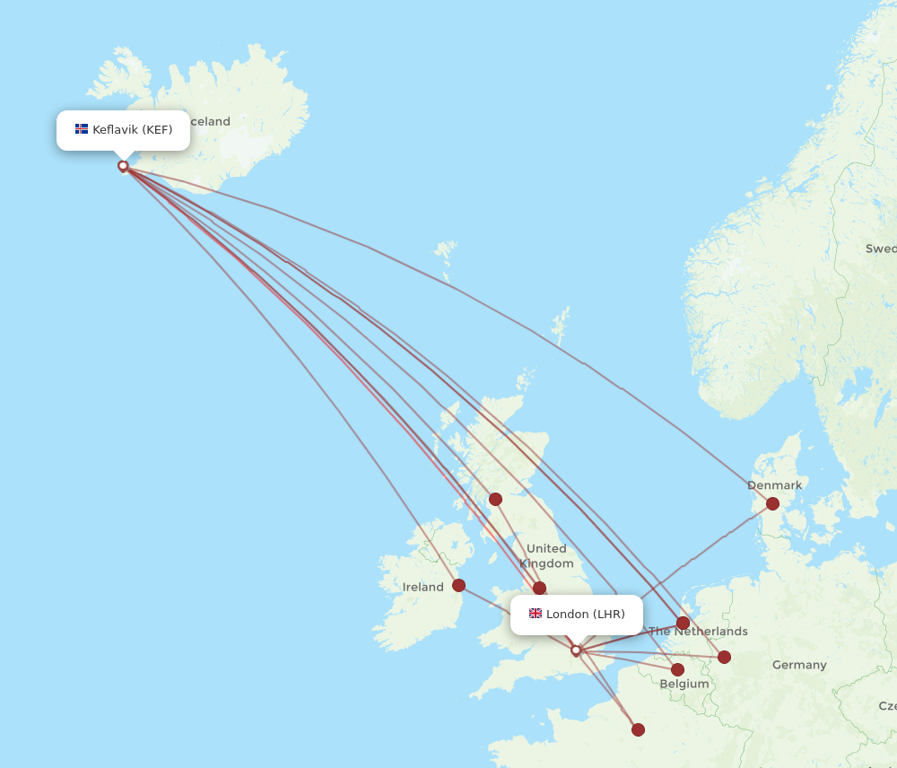 KEF to LHR flights and routes map