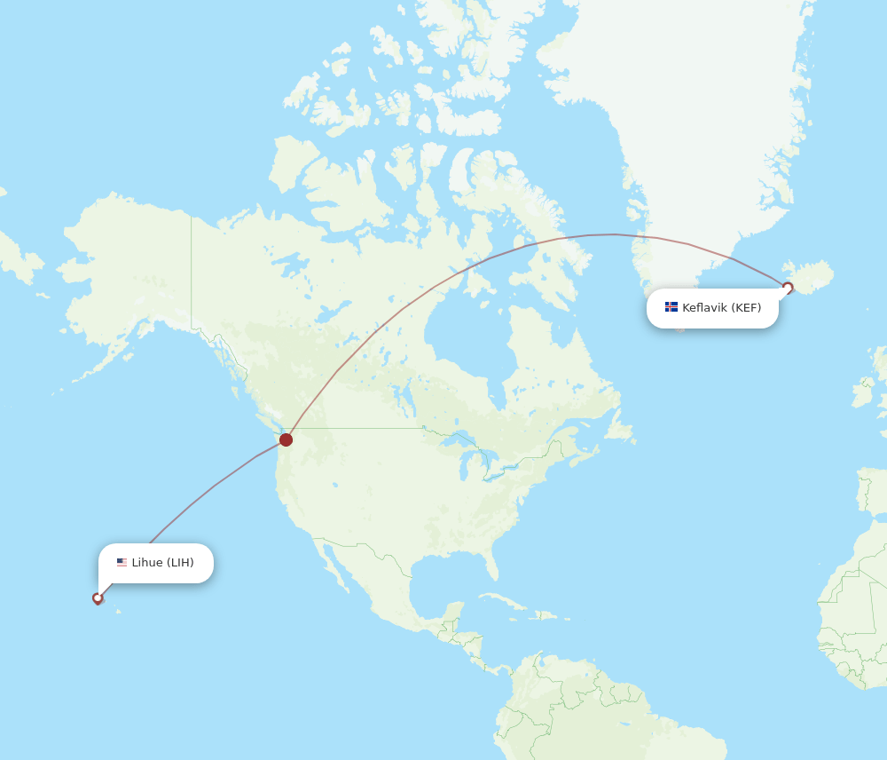 Kauai Island - Reykjavik route map and flight paths