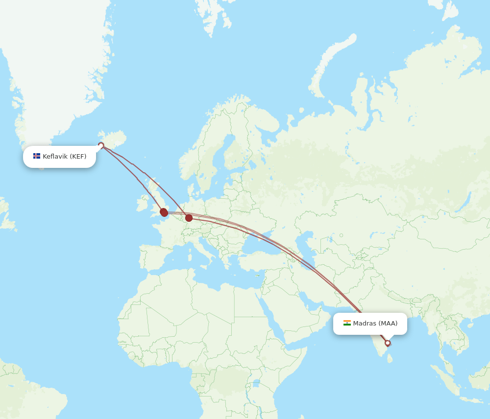 KEF-MAA flight routes