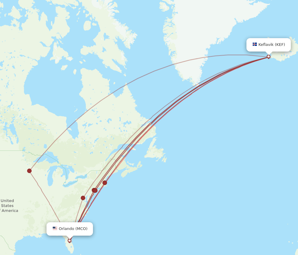 KEF-MCO flight routes