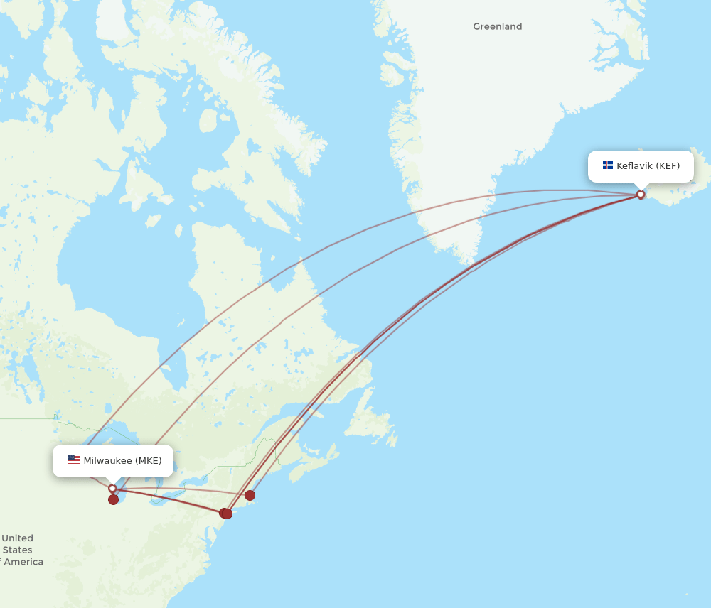 KEF-MKE flight routes