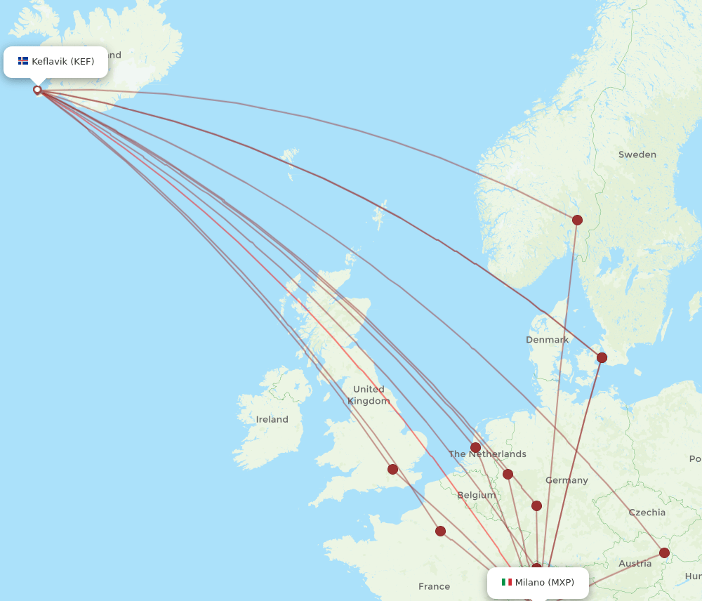 KEF-MXP flight routes