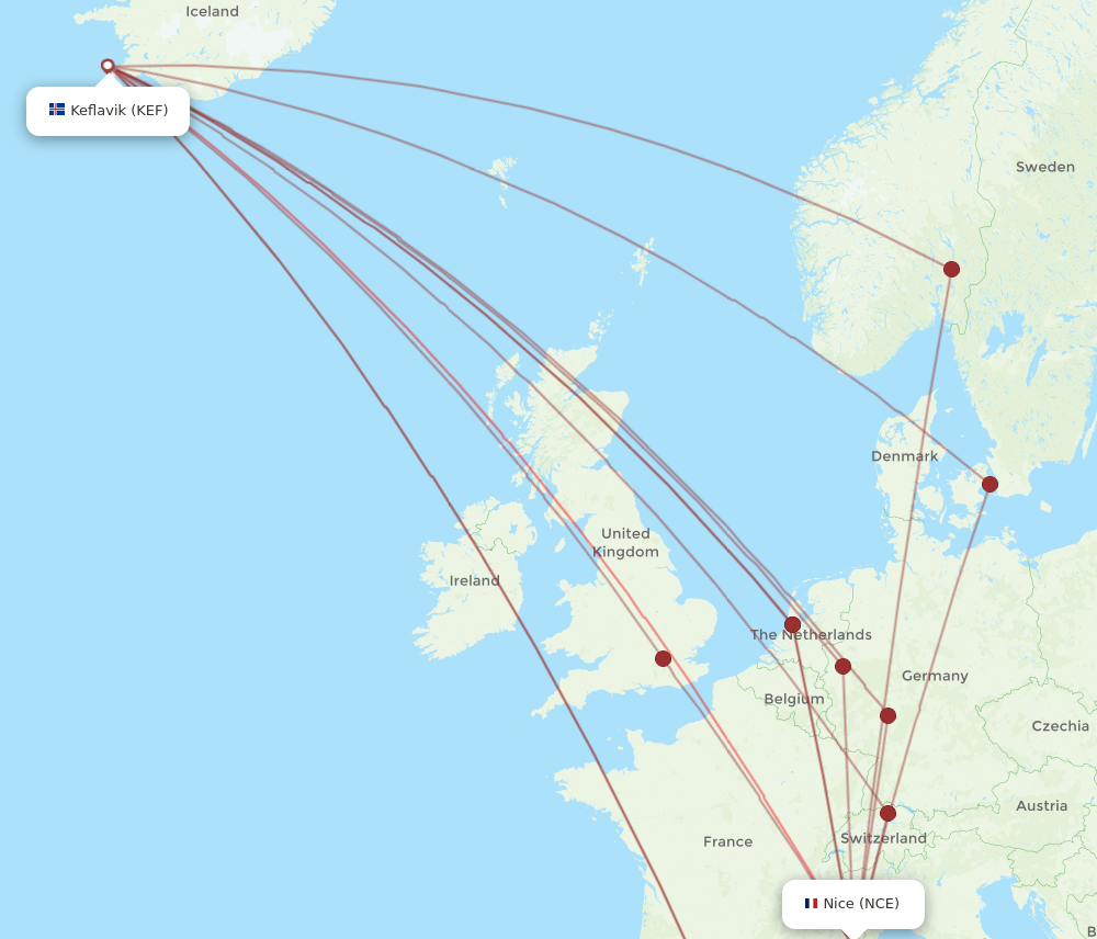 KEF to NCE flights and routes map