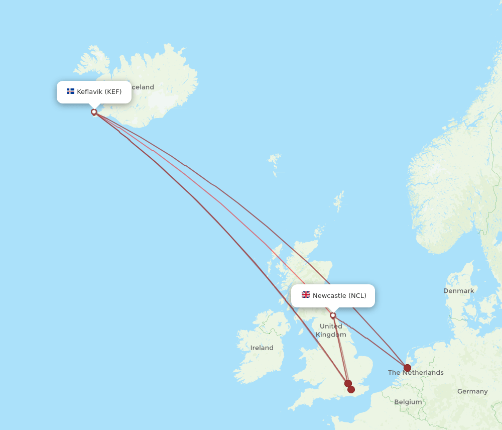KEF-NCL flight routes