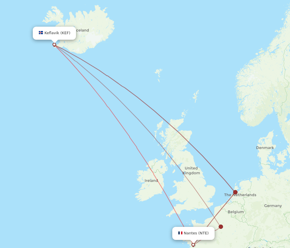 KEF to NTE flights and routes map