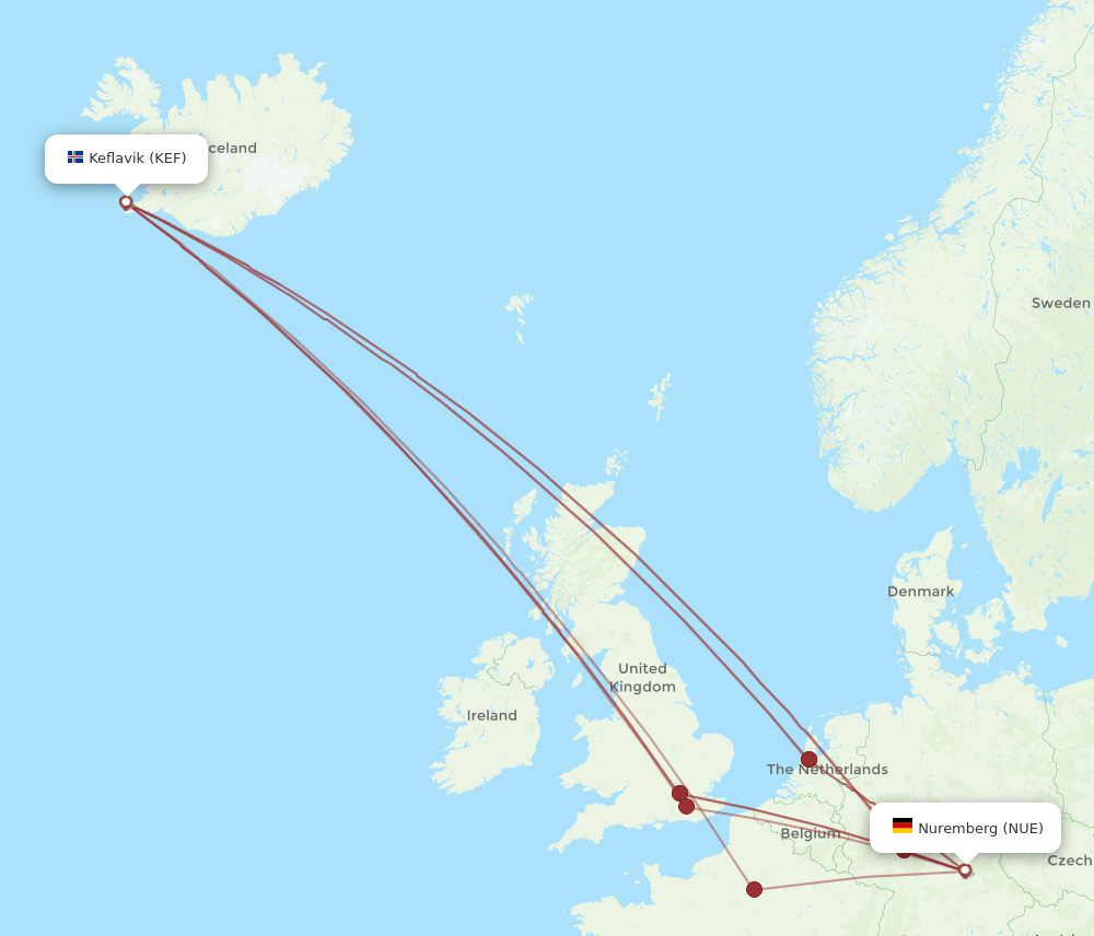 KEF to NUE flights and routes map