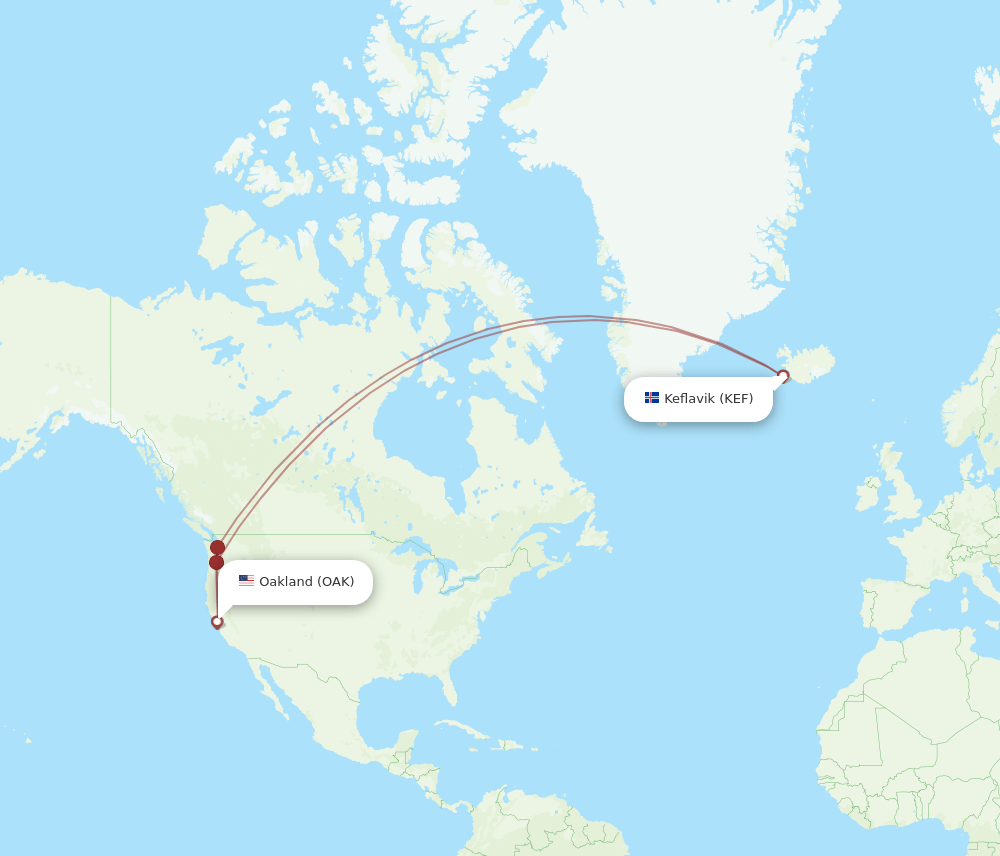 KEF-OAK flight routes