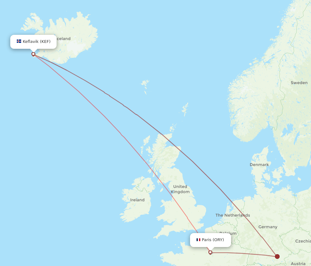 Reykjavik - Paris route map and flight paths