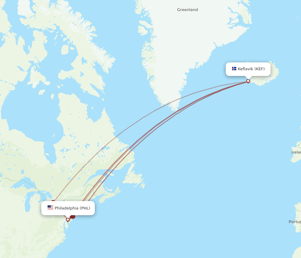 KEF-PHL flight routes