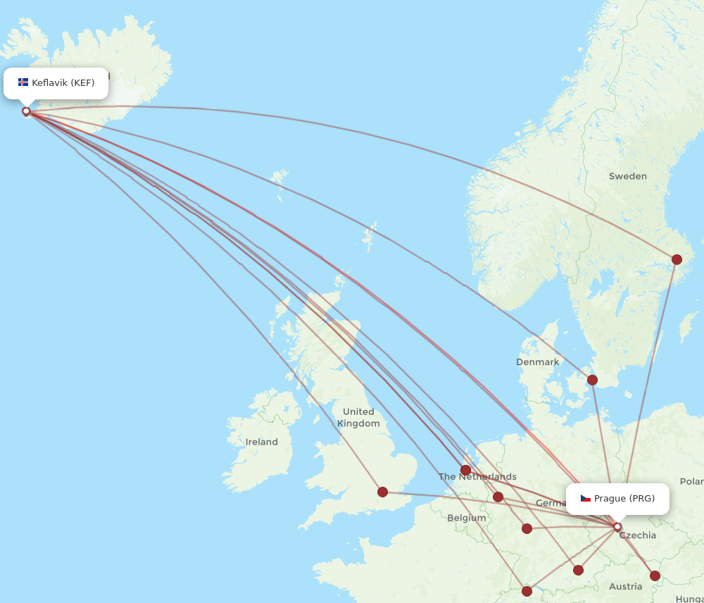 KEF to PRG flights and routes map