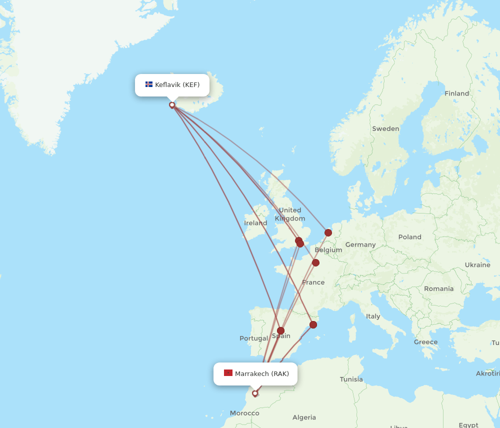 KEF-RAK flight routes