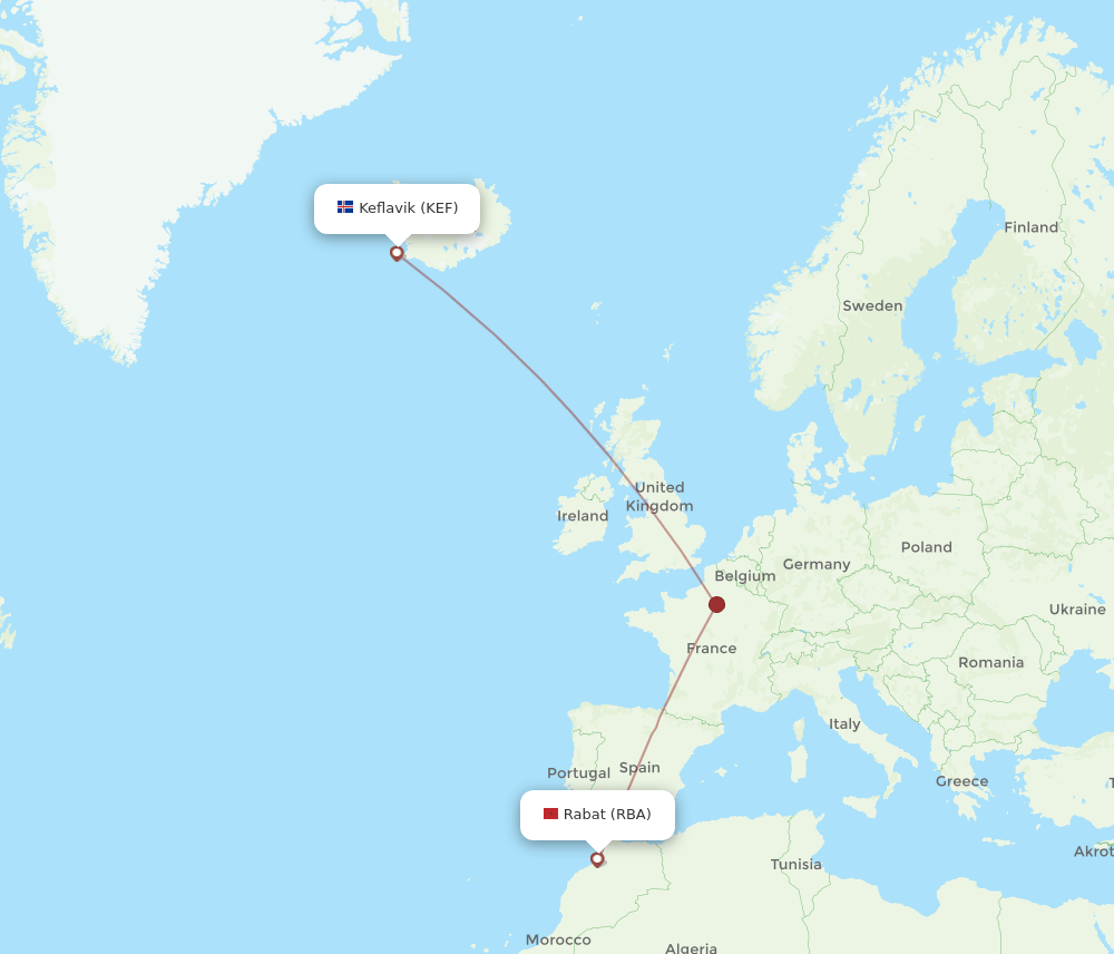 KEF-RBA flight routes