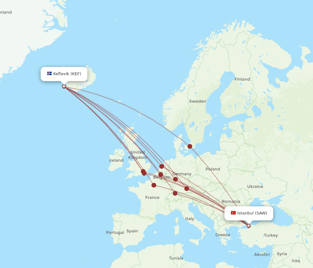 KEF to SAW flights and routes map