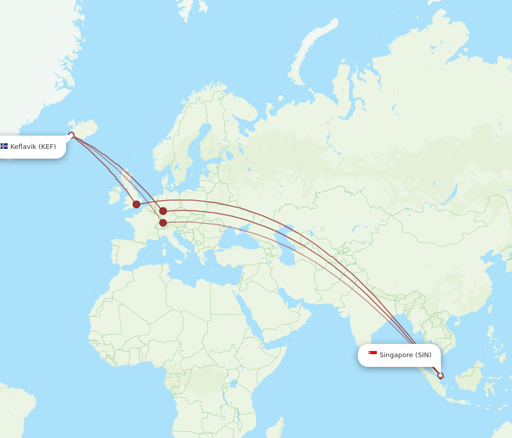 KEF to SIN flights and routes map