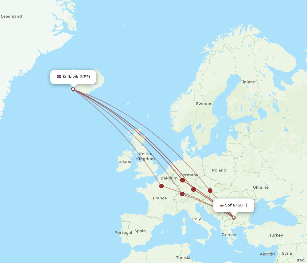 KEF-SOF flight routes