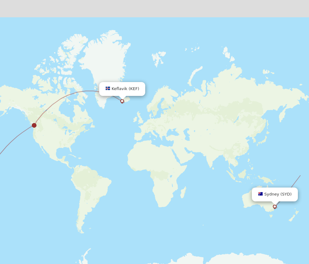Sydney - Reykjavik route map and flight paths