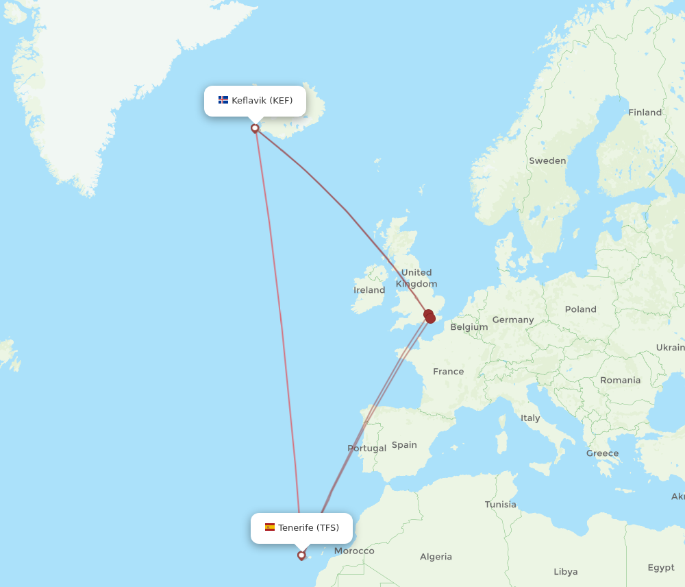 KEF to TFS flights and routes map