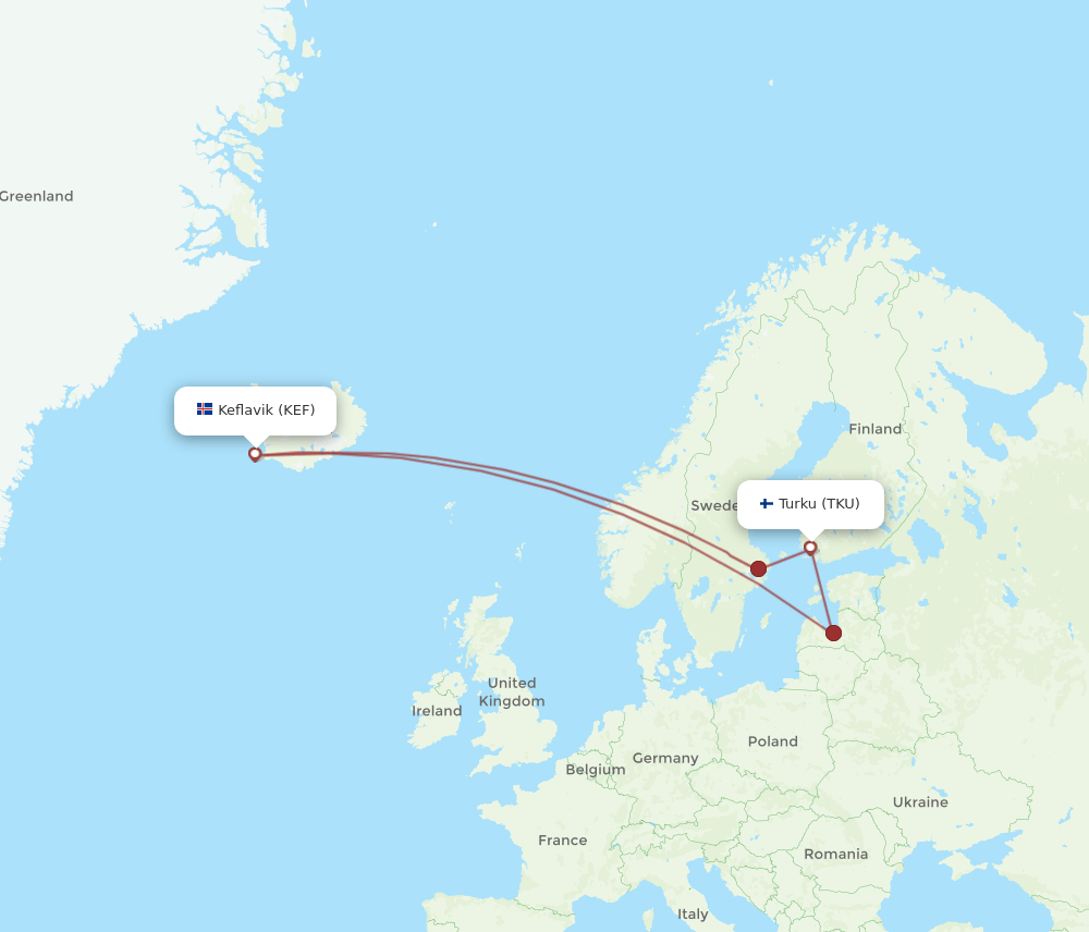 KEF to TKU flights and routes map