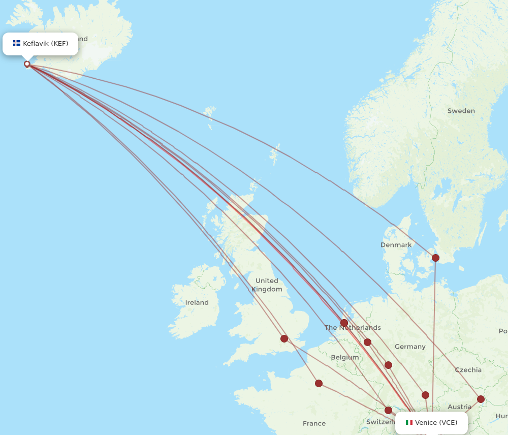 KEF to VCE flights and routes map