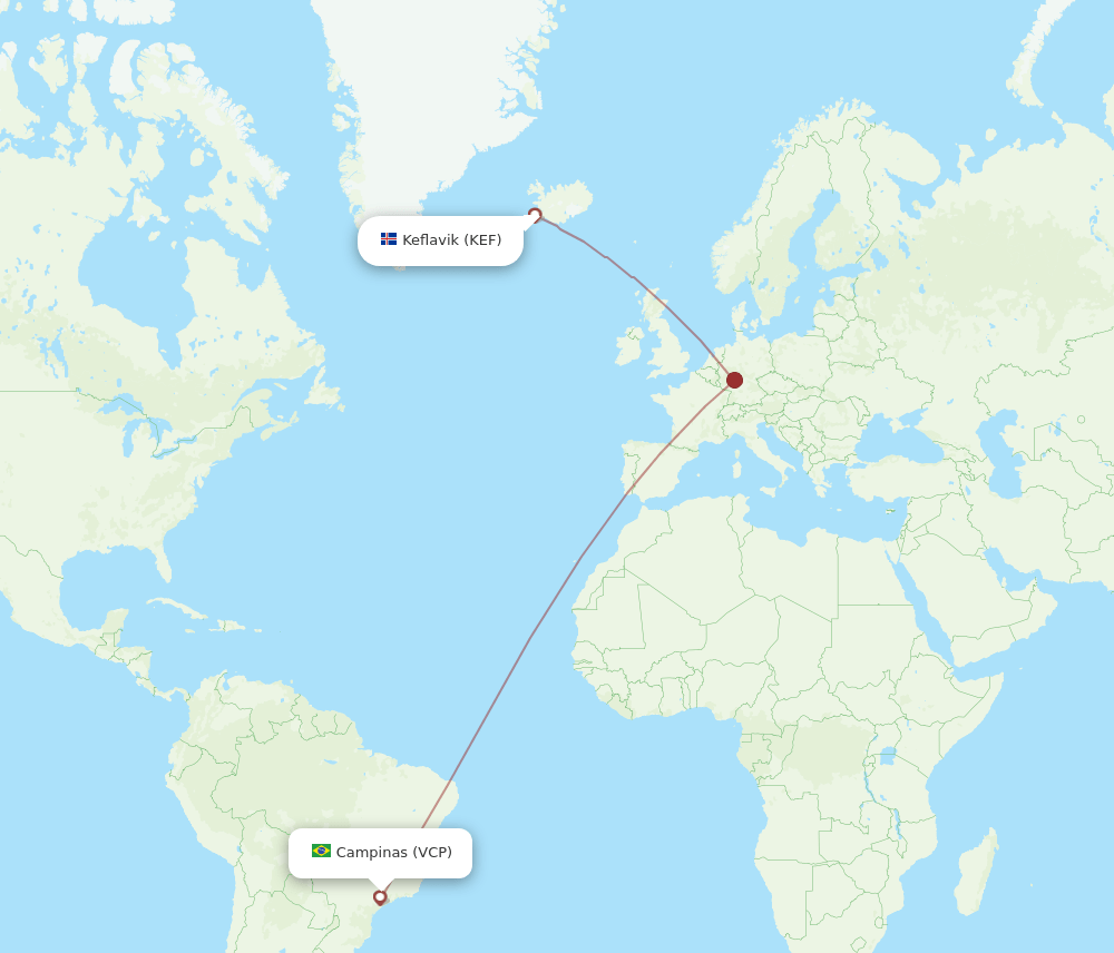 Campinas - Reykjavik route map and flight paths