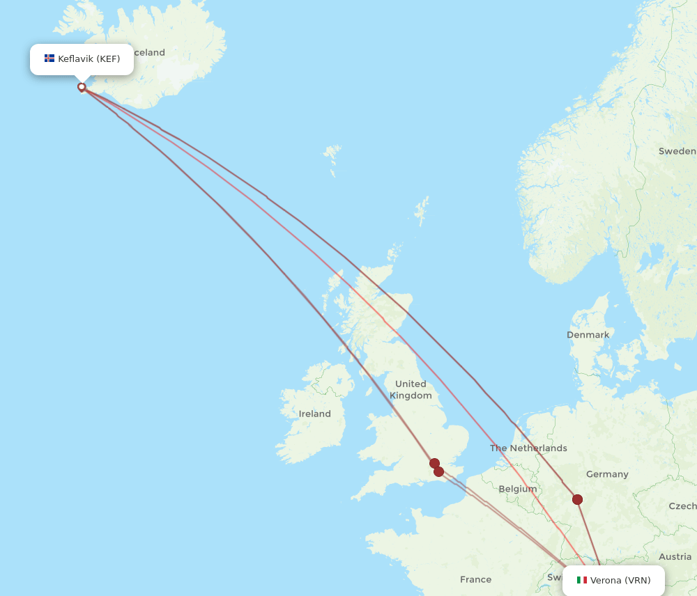 Verona - Reykjavik route map and flight paths