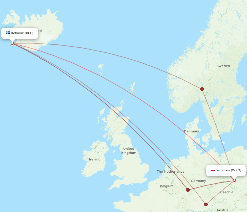 KEF to WRO flights and routes map