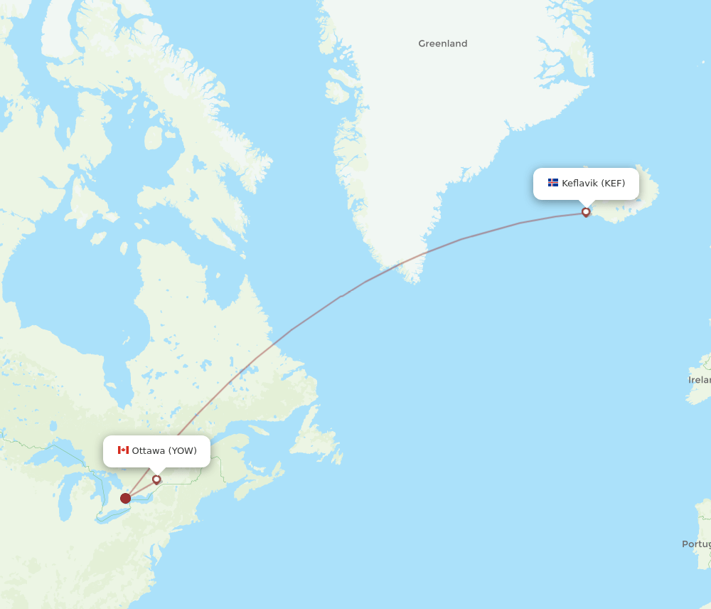 KEF to YOW flights and routes map