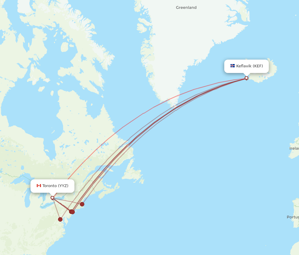 KEF to YYZ flights and routes map