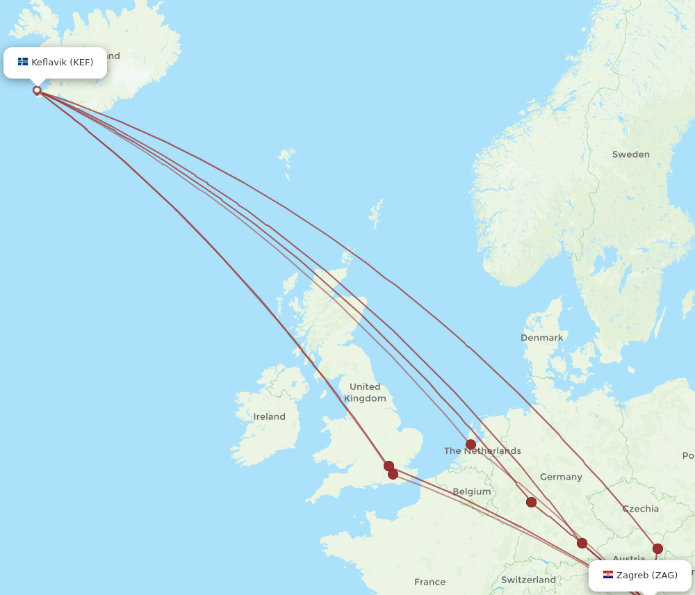 Zagreb - Reykjavik route map and flight paths