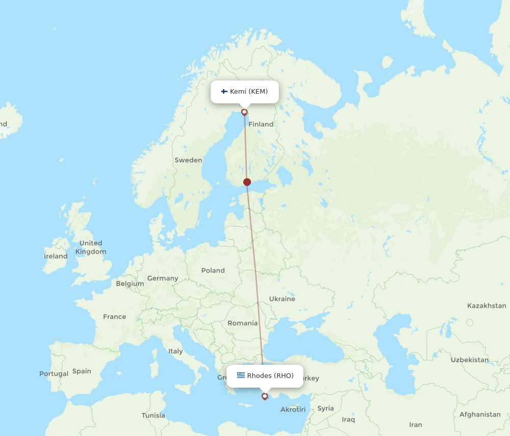 Rhodes - Kemi/Tornio route map and flight paths