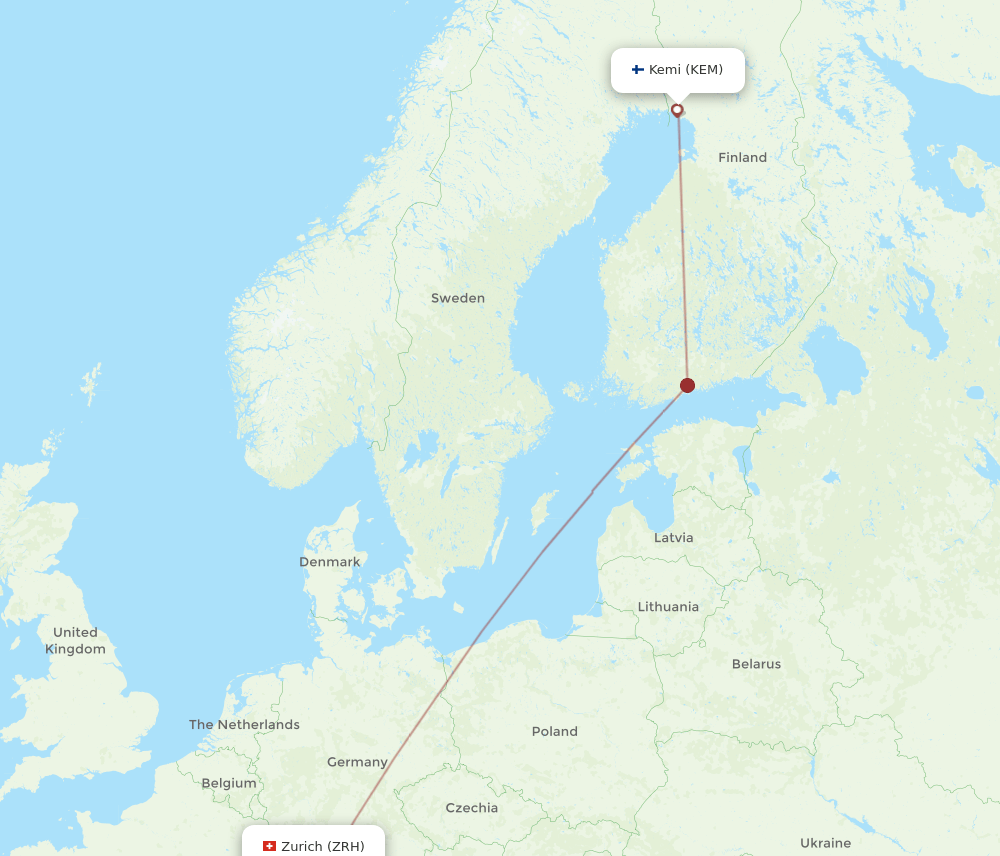 KEM to ZRH flights and routes map