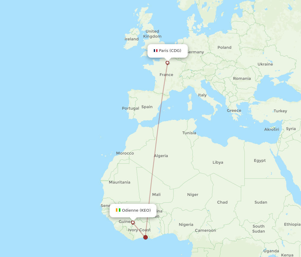 KEO to CDG flights and routes map