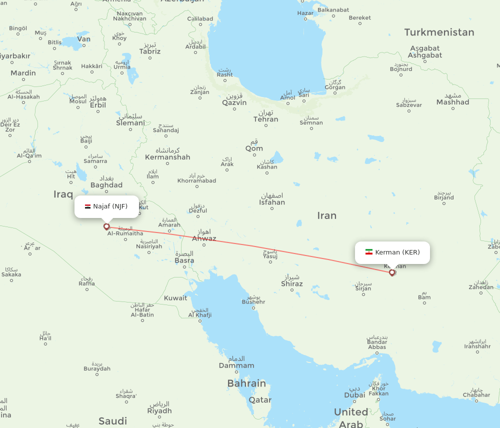 Kerman - Al-Najaf route map and flight paths