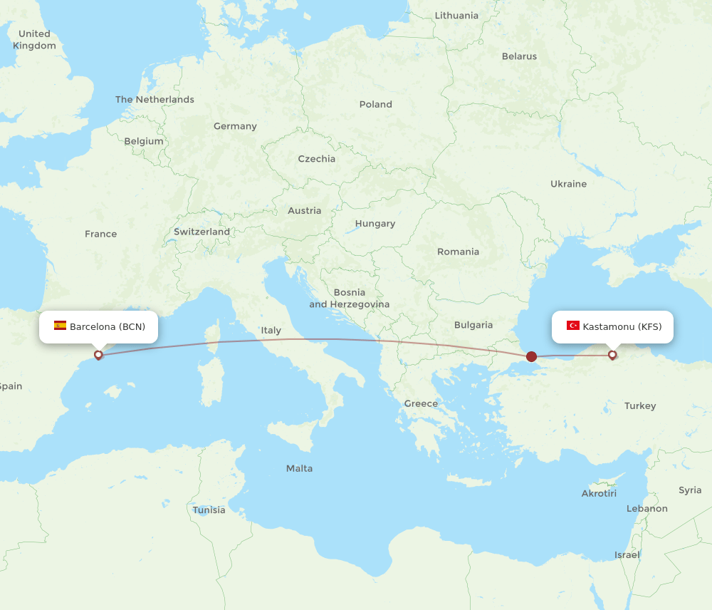 BCN to KFS flights and routes map